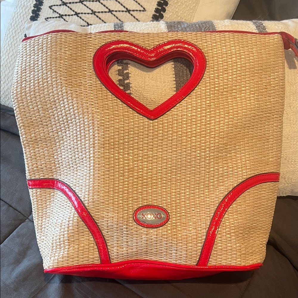XOXO Woven Tote with Red Heart Handle